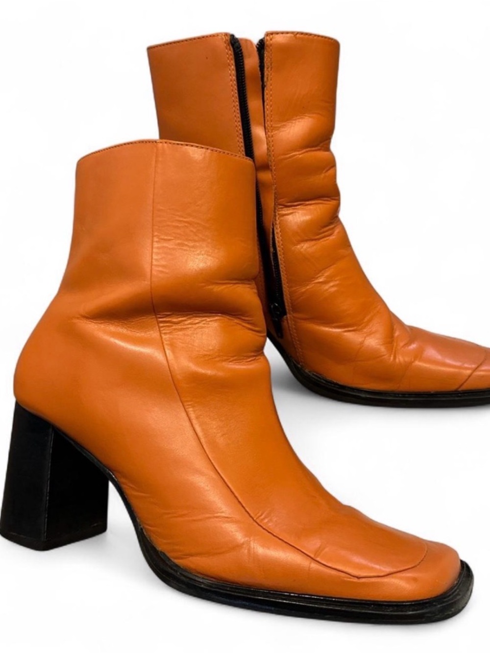Women's Orange Leather Block Heel Ankle Boots 8M